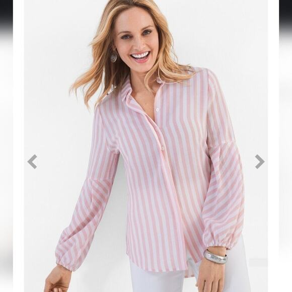 Chico's Pink White Striped Balloon Sleeve Button Front Shirt Size Medium M - Picture 2 of 7
